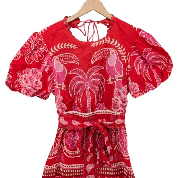FARM Rio Summer Sunrise Midi Dress Red Short Sleeve Belted Back Cut Out Size S - Picture 3 of 13